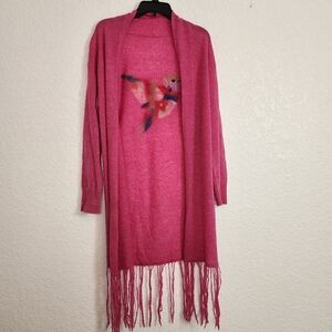 Pink Hummingbird Open Front Long Fringe Cardigan S/M Boho Festival